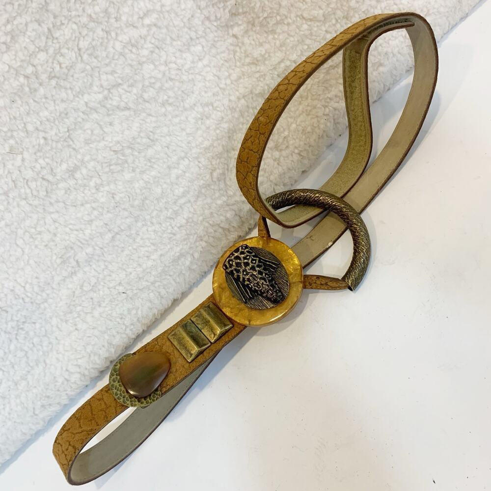 Vintage Belt Hook and Loop Fastener Brown w Brass and Stones Boho Gypsy Medium